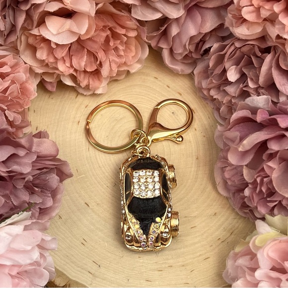 Retro Black and Gold Crystal Coupe Car Keychain Charm - Picture 9 of 16